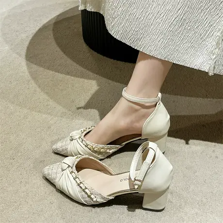 玛丽珍鞋女2024年春季新款尖头中空凉鞋配裙子百搭气质粗跟高跟鞋商品大图