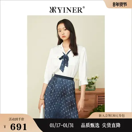 YINER音儿女装2022夏季双翻领字母飘带白衬衫图片