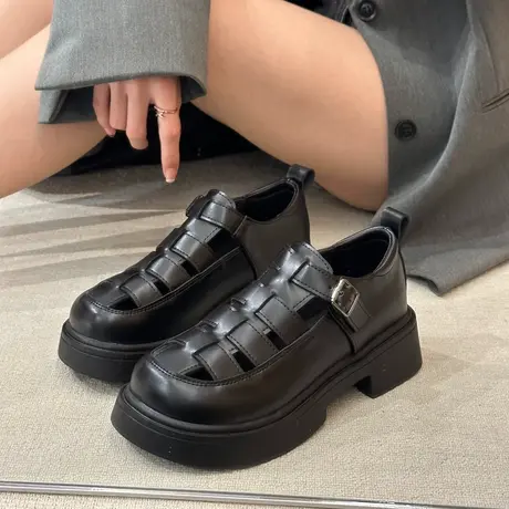 英伦风厚底小皮鞋女款2024新款女鞋春夏季包头凉鞋镂空猪笼鞋单鞋商品大图