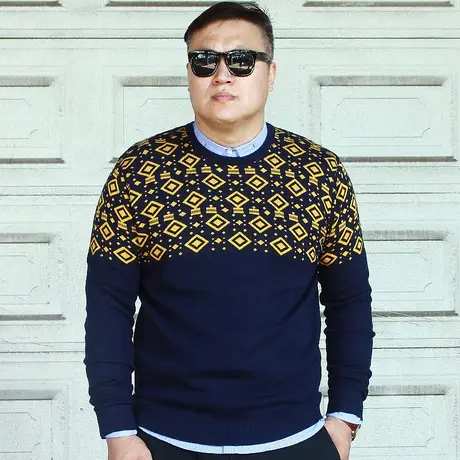 大依无忧新款花纹韩版特大号大码男装毛衣加肥加大圆领男士线衣图片
