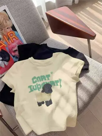 短款洋气卡腰小衫杏色卡通正肩短袖T恤女2024新款百搭半袖上衣潮商品大图