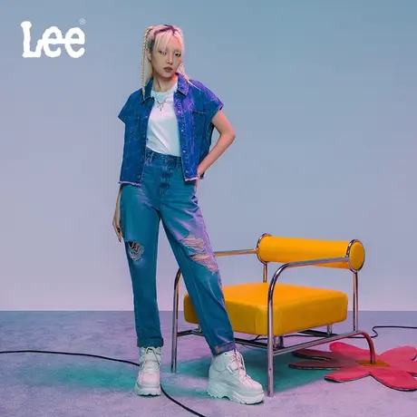 Lee商场同款24早春新品411舒适高腰小直脚破洞浅蓝色女牛仔裤潮流图片