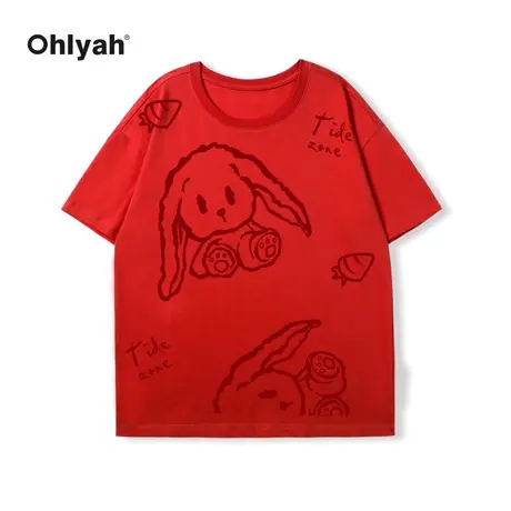 Ohlyah潮牌兔年卡通兔子印花情侣红色t恤休闲体恤无性别男女短袖商品大图