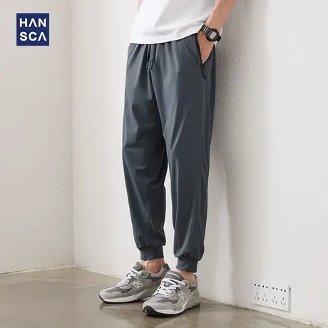 汉斯卡休闲裤男夏季薄款冰丝速干潮牌宽松百搭潮流运动弹力束脚裤商品大图