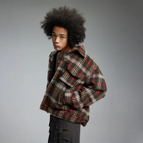 街头复古潮牌格子夹克男士春季2024年新款百搭情侣装宽松拼色外套商品大图