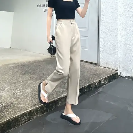 高腰九分裤女夏季薄款韩版宽松显瘦休闲裤直筒开叉烟管小脚西装裤商品大图