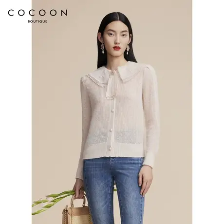 COCOON商场同款2024春季新款荷叶领拼接甜美针织上衣商品大图