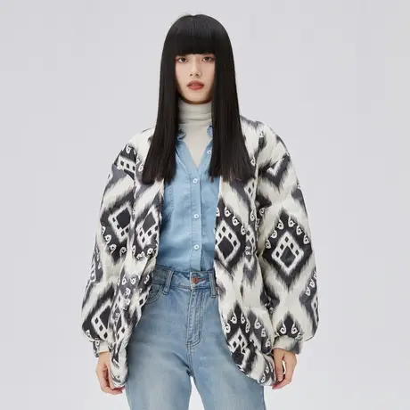 艾莱依国风羽绒服女款2022年新款盘扣设计感印花短款冬季鸭绒外套商品大图