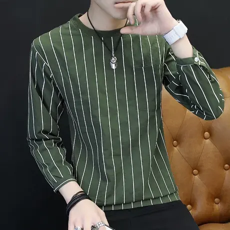 男士条纹长袖T恤男个性秋衣休闲打底衫潮流套头卫衣韩版修身上衣商品大图