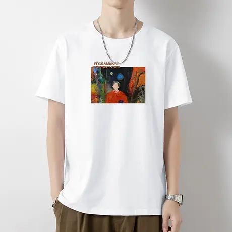 重磅纯棉t恤男短袖2023新款夏季宽松白色上衣服潮牌印花全棉体恤商品大图