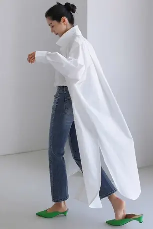 春秋装新款过膝长款长袖衬衫大码纯色女韩版宽松过膝直筒防晒衬衣商品大图