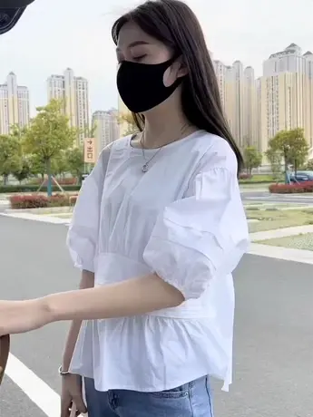 白色短袖衬衫女夏季2023年新款小个子法式宽松显瘦收腰娃娃衫上衣图片