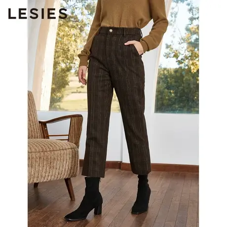 LESIES蓝色倾情冬季女装新款时尚休闲格子毛呢直筒裤百搭长裤裤子图片