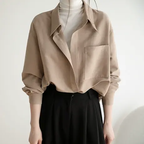 嘉茱莉2023春秋新款时尚叠穿磨毛长袖衬衫女韩系厚衬衫外套女内搭图片