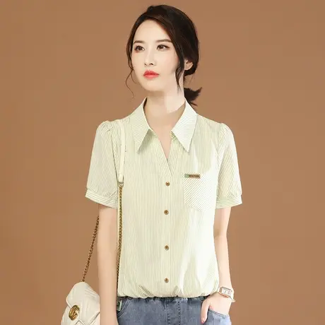 韩潮袭人高级感条纹休闲短袖衬衣夏季新款女士衬衫上衣设计感小众商品大图