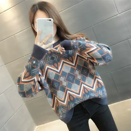 民族风复古提花毛衣女套头打底衫2023年秋冬新款韩版针织打底上衣图片