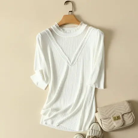 清仓！冰丝针织衫女套头短款蕾丝打底衫修身圆领上衣春夏薄款商品大图