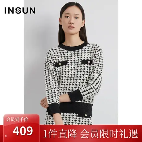 恩裳2022冬季时尚芝麻底提花立体感千鸟格百搭毛织衫商品大图