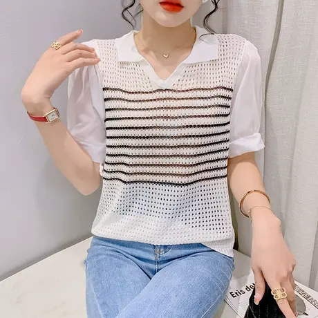 欧货拼色针织上衣女短袖2023夏季新款气质减龄POLO领T恤显瘦小衫商品大图