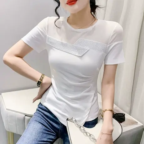 不规则开叉上衣女短袖性感网纱拼接T恤欧货气质修身小衫烫钻半袖商品大图