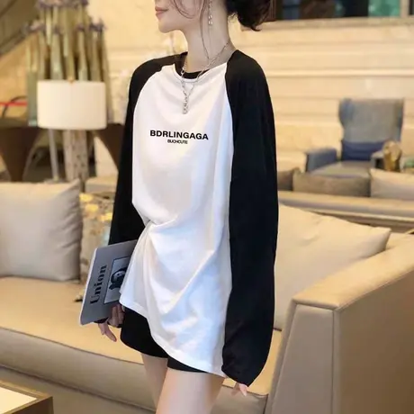 2023秋冬新款插肩撞色长袖t恤女中长款简约上衣遮臀纯棉打底衫潮商品大图
