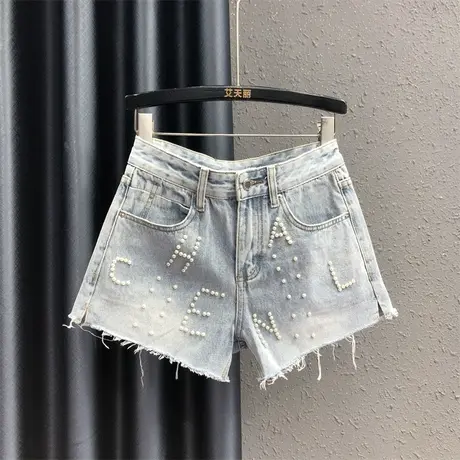 欧货女夏新款洋气字母钉珠设计感毛边休闲阔腿裤显瘦高腰牛仔短裤图片