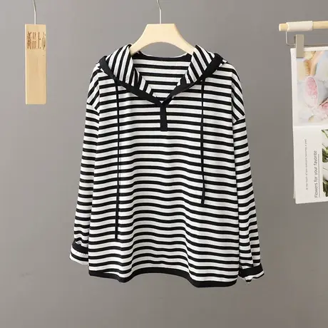 春秋连帽条纹上衣女宽松2023新款秋季休闲T恤学生上衣学院风小衫图片