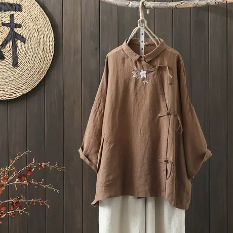 枫谜202年春装新款民族风刺绣盘扣棉麻衬衫女斜肩扣系带亚麻上衣图片