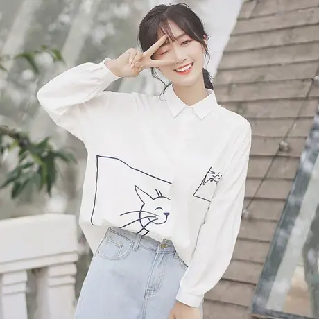 日系衬衫女春装宽松韩版复古港味设计感小众法式长袖别致上衣外穿图片