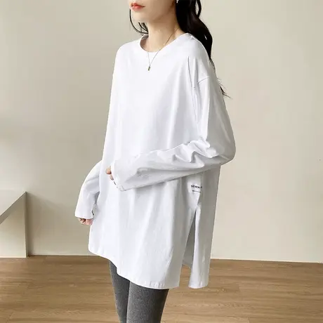 T恤女长袖宽松中长款下摆开叉叠穿内搭2022年春季新款纯白色上衣图片
