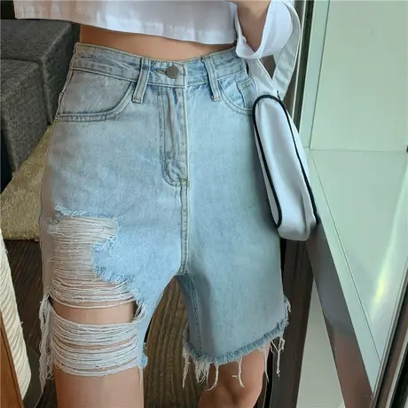 乞丐破洞牛仔短裤女夏季薄款宽松高腰直筒小个子五分阔腿裤潮ins图片