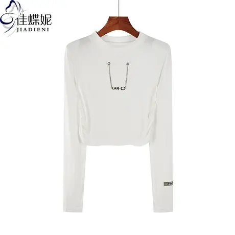 秋季新款韩版圆领纯棉修身短款刺绣纯色长袖体恤上衣内搭打底衫女商品大图