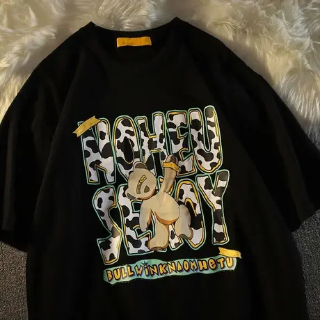 胖MM特大码300斤美式复古小熊ins情侣200斤白色短袖T恤女纯棉宽松商品大图