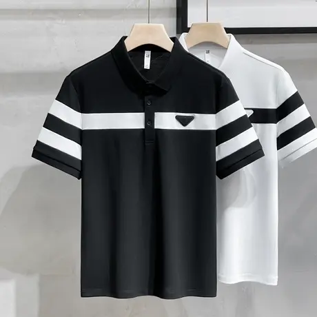 英伦痞帅拼接条纹男士短袖翻领Polo衫夏季韩版潮流修身半袖T恤男商品大图
