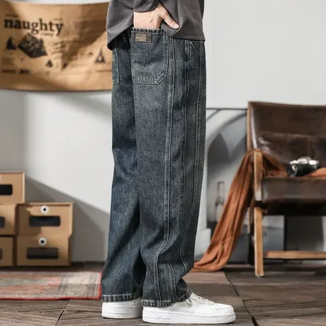 拼接款耐磨牛仔裤男宽松直筒阔腿裤春季潮牌日系大码无弹老爹长裤图片