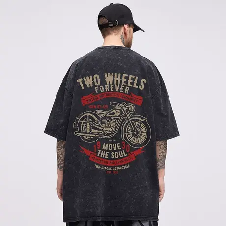 美式重磅纯棉潮牌宽松复古水洗做旧潮流夏圆领加肥加大短袖t恤男商品大图