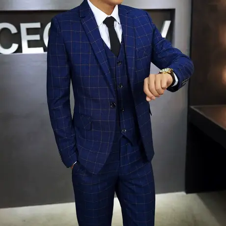 西服套装男士三件套韩版修身一套小西装学生格子伴郎新郎结婚礼服商品大图