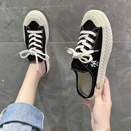 包头无后跟半拖鞋女交叉绑带潮流2023夏季新款时尚休闲帆布懒人鞋商品大图