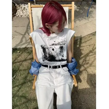 纯棉吊带运动坎肩背心无袖t恤女夏季设计感小众外穿宽松挂脖上衣商品大图