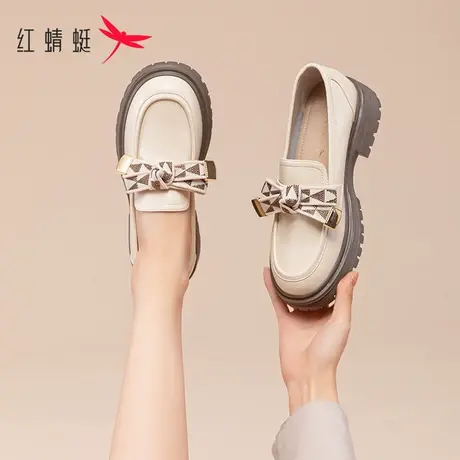 红蜻蜓乐福鞋女2023新款英伦风厚底小皮鞋秋冬粗跟单鞋一脚蹬女鞋商品大图
