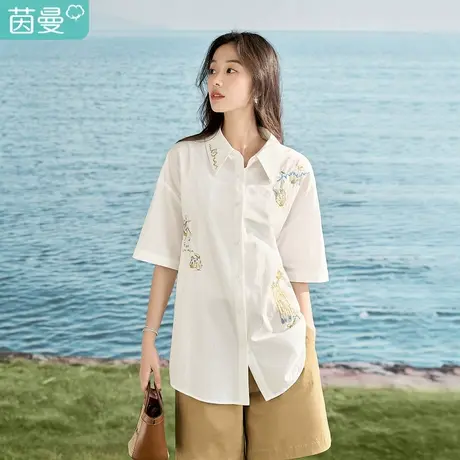 【商场同款】茵曼田园趣味衬衣2023夏女装新款绣花宽松五分袖衬衫商品大图