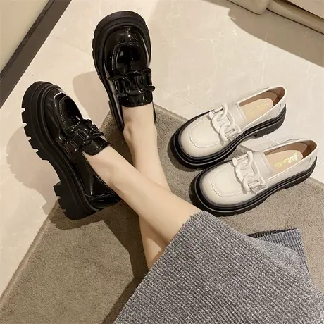 乐福鞋女2024年春秋季新款复古英伦风漆皮单鞋法式百搭粗跟小皮鞋商品大图