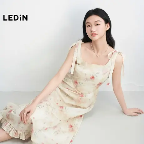 乐町晕染花卉蝴蝶结绑带肩带连衣裙女2025年夏季新款弧形蛋糕裙子图片
