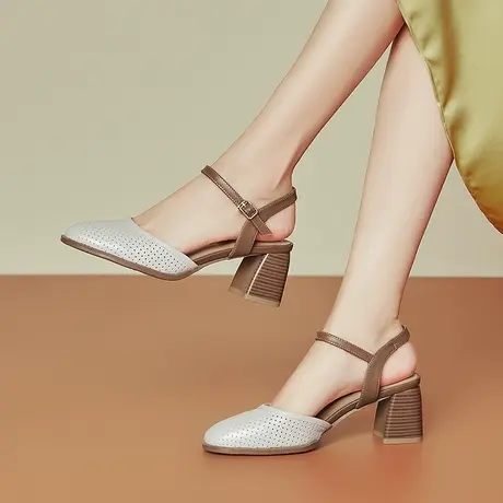 夏季新款真皮法式包头凉鞋女舒适柔软牛皮镂空单鞋粗跟后空女鞋商品大图