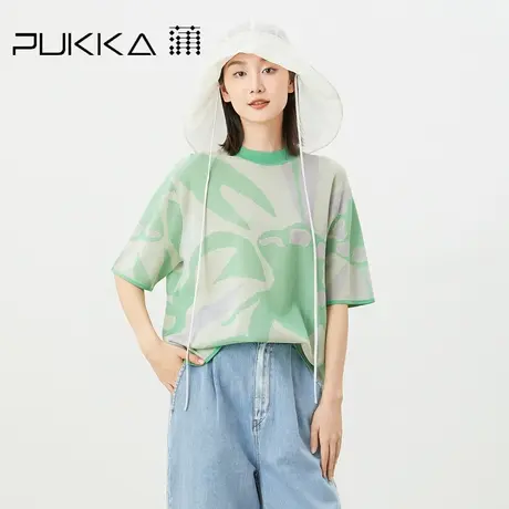蒲PUKKA原创设计女装2023春夏新品撞色花型舒适休闲中袖针织衫商品大图