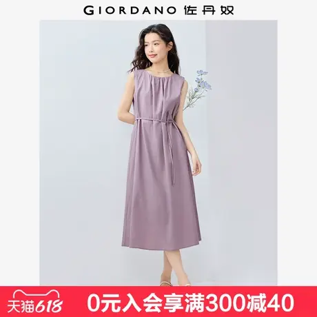 佐丹奴无袖裙子女夏季新款棉麻绑带收褶圆领背心连衣裙女13465352图片