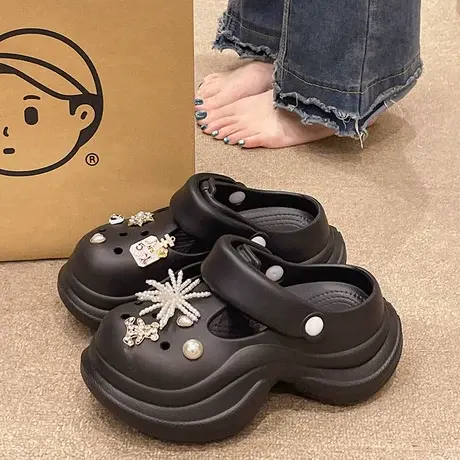 时尚珍珠水钻洞洞鞋女夏季室内外穿厚底防滑高跟包头玛丽珍凉拖鞋图片