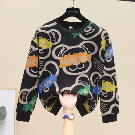 春秋季新款韩版圆领字母小熊印花图案宽松短款长袖卫衣百搭上衣女图片