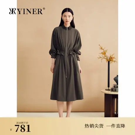 YINER音儿秋季法式四面弹抽绳收腰外套深咖色质感风衣商品大图