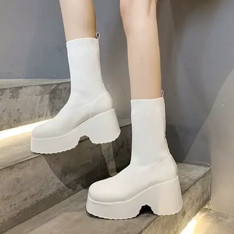 网红时尚靴2023秋冬新款短靴女增高厚底中筒靴复古方头弹力瘦瘦靴图片